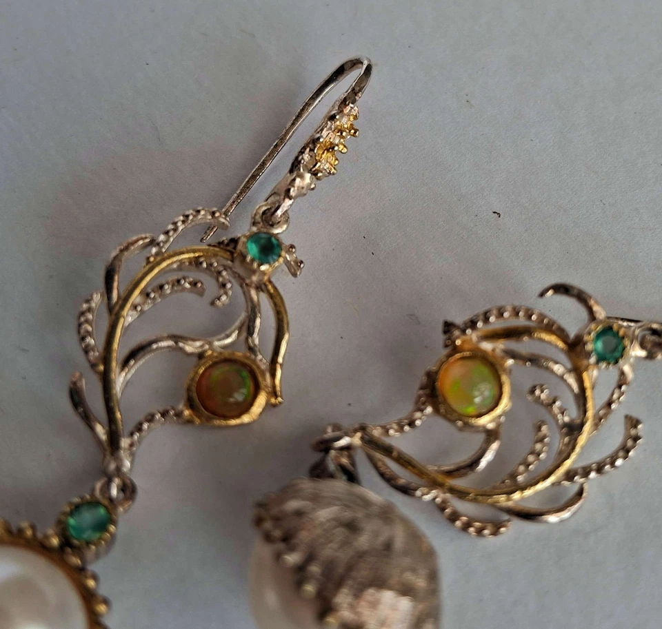 ORECCHINI IN ARGENTO STERLING 925 CON OPALI DI WELO E PERLE NATURALI - Immagine 2 di 4