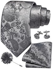 3.15" 8cm Mens Paisley Tie and Lapel Pin Necktie Hankerchief Dark Grey