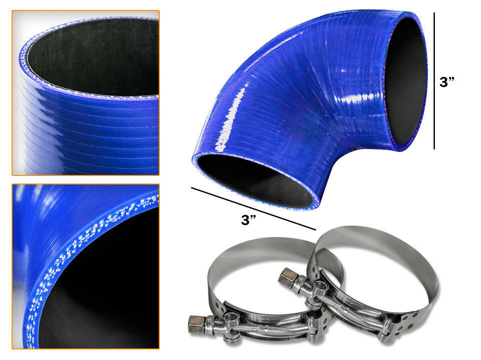BLUE Silicone 90 Degree Elbow Coupler Hose 3" 76 mm + T-Bolt Clamps MZ