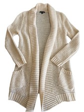 Cream Open Front Knit Cardigan Sweater Long, Soft, Pocket Detail, Size Small
