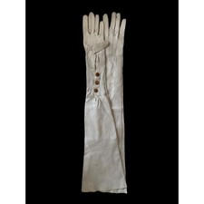 Elbow Length Opera Gloves Vintage French White Kid Leather Pearl Buttons XS
