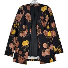 Dynamite Womens Size S Open Front Blazer Rose Print on Black Long Sleeves