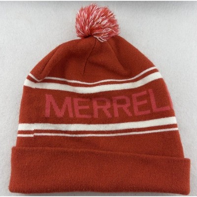 Merrell Burnt Orange Striped Beanie with Puff Ball Women's Hat