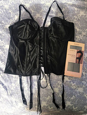 black satin underwire corset top with attached garter straps