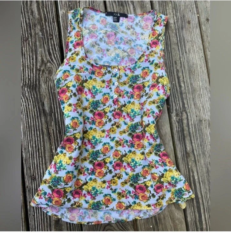 Camiseta sin mangas vintage para mujer Y2K XXI Forever 21 azul y arco iris floral talla mediana Foto 3 de 4