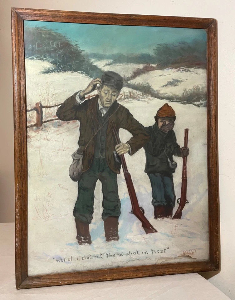 antiguo original Casey hombre y niño caza nieve pastel dibujo pintura arte popular Foto 2 de 4
