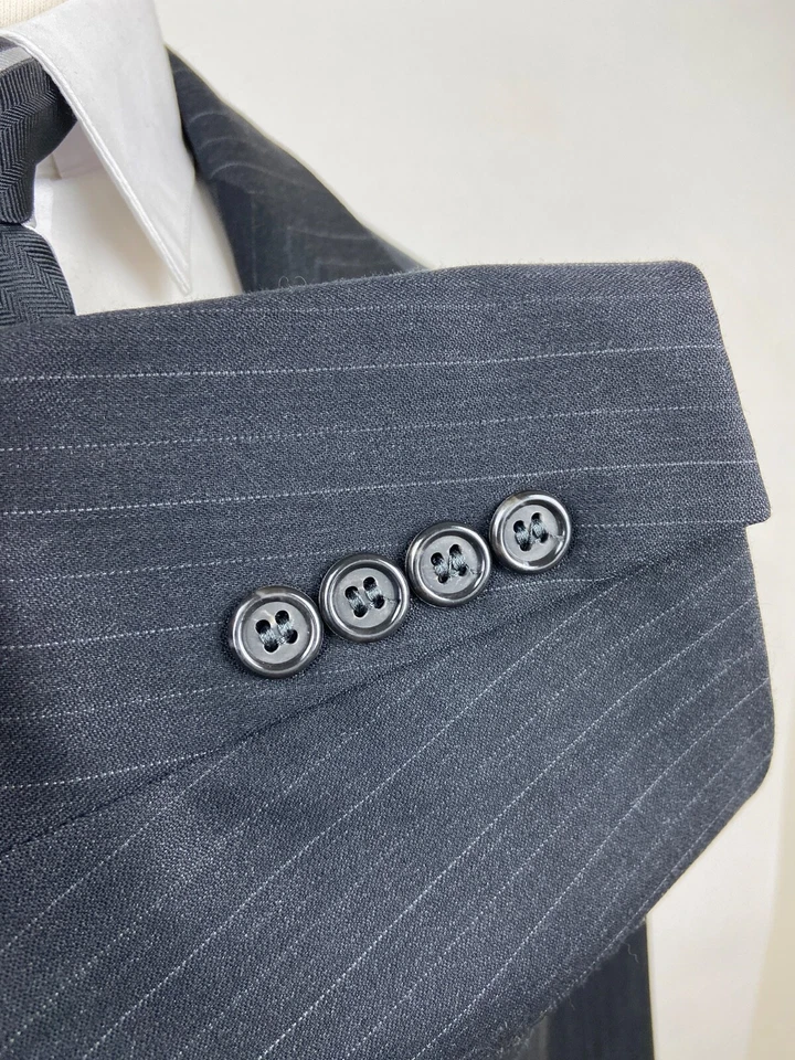 Traje de 2 piezas suave a rayas negras 44R para hombre GRANT THOMAS con pantalones de vestir 38x28 Foto 4 de 4
