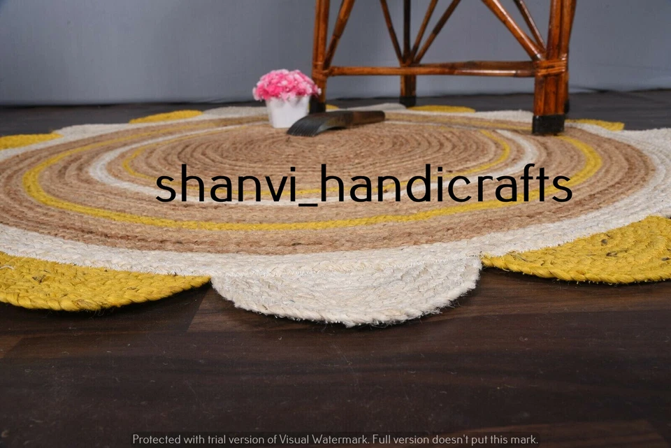 Indian Multi Color Jute Handmade Braided Rug Bohemian Jute Rug Round Floor Rugs - Image 4 of 4