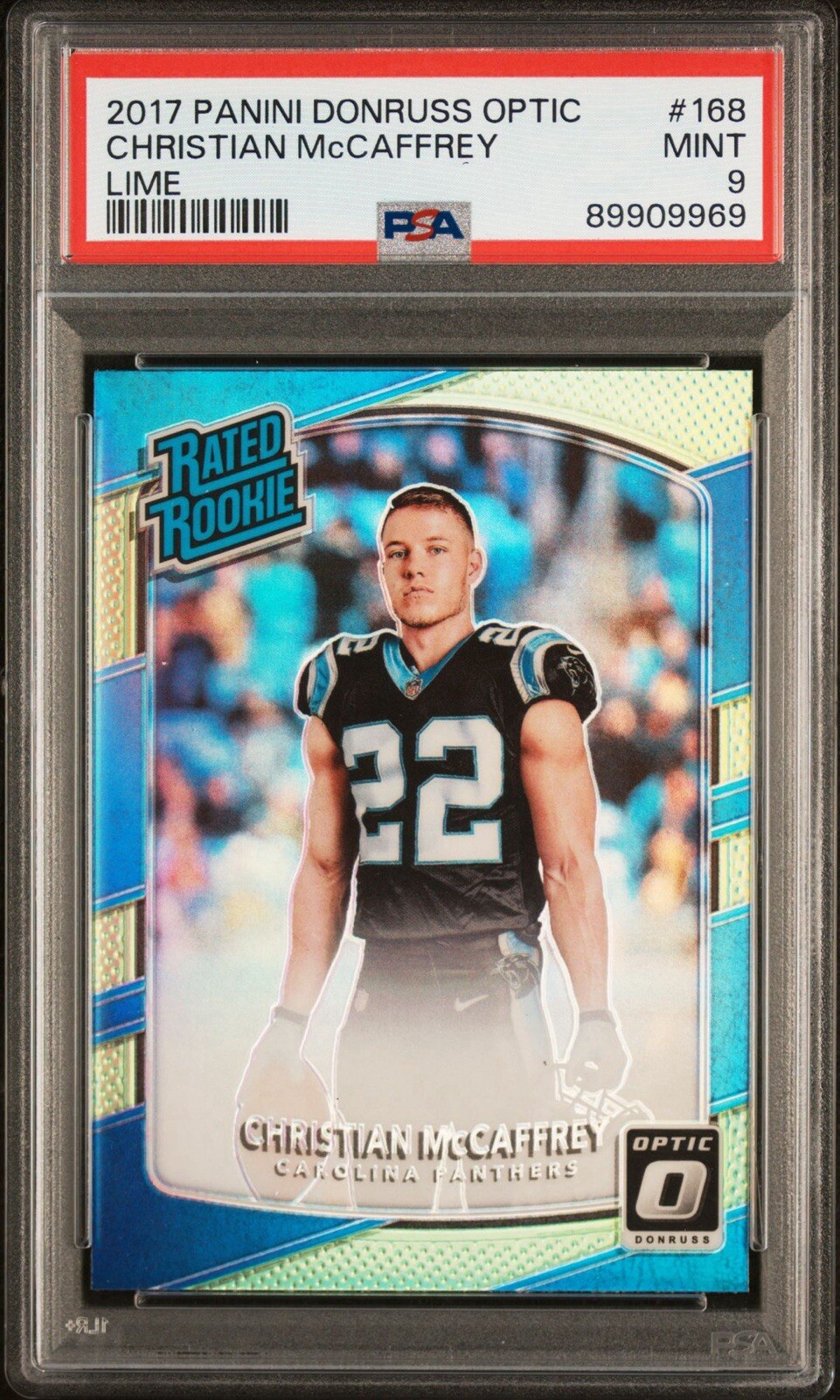 2017 DONRUSS OPTIC CHRISTIAN MCCAFFREY LIME RATED ROOKIE PSA 9 MINT