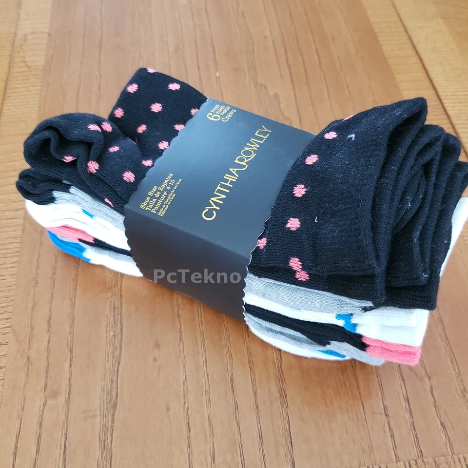 Новый с Ярлыками 6 пар Синтия Роули женщин экипажа носки в горошек полоски твердого размера 4-10 - Изображение 2 из 2