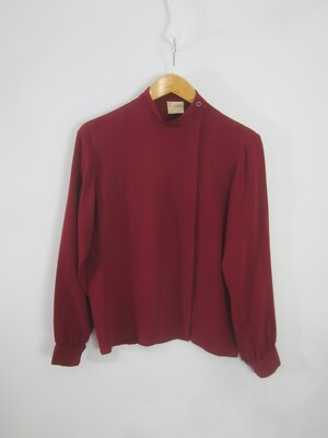 Vtg Krizia Womens M Maroon Red LS Silk High Neck Blouse Shirt Made Italy  44