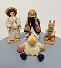 Vintage Lot of 4 Wooden Cute Dolls / Figurines Mixed People & Animals Handcarved