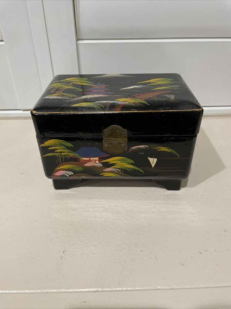 Vintage Japan Black Lacquer Jewelry Music Box Hinged Working Vintage Japan Black Lacquer Jewelry Music Box Hinged Working