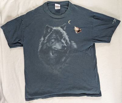 VTG 90s Howling Wolf Single Stitch T-Shirt Mens XL Embroidered Navy Blue, USA