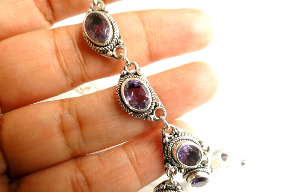 Collar de cadena con gota en Y de plata de ley 925 amatista púrpura de 17 pulgadas Foto 3 de 4