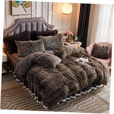 Luxury Plush Long Faux Fur 3 Pieces Bedding Set Shaggy Queen Ombre Dark Grey