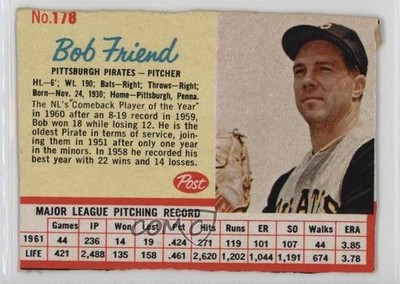 1962 Post Bob Friend #178 1s4u