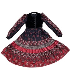 70s Victor Costa Prairie Dress Velvet Peasant Black Red Patchwork Midi Small