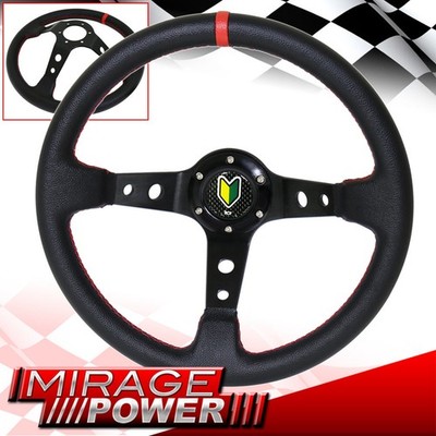 350mm Deep Dish Black Pvc Leather Steering Wheel Red Stitching Young Leaf Horn