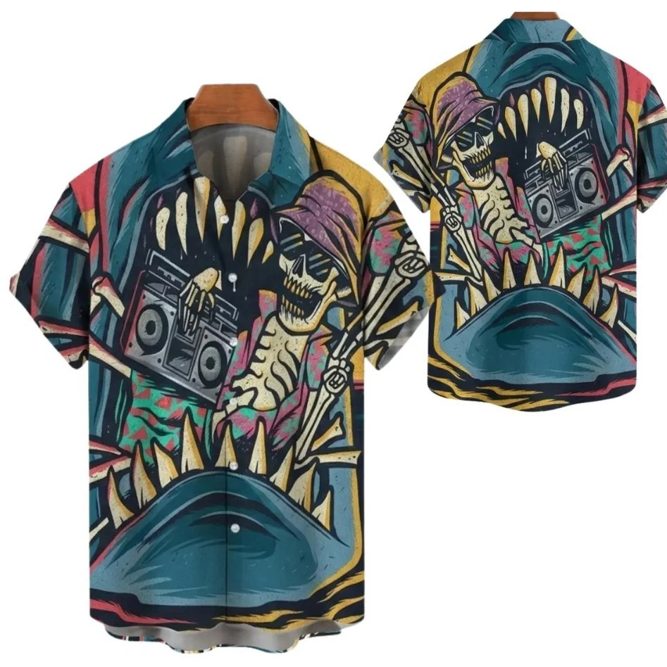 Skeleton DJ Shark Hawaiian Shirt, Graffiti Streetwear Button Down