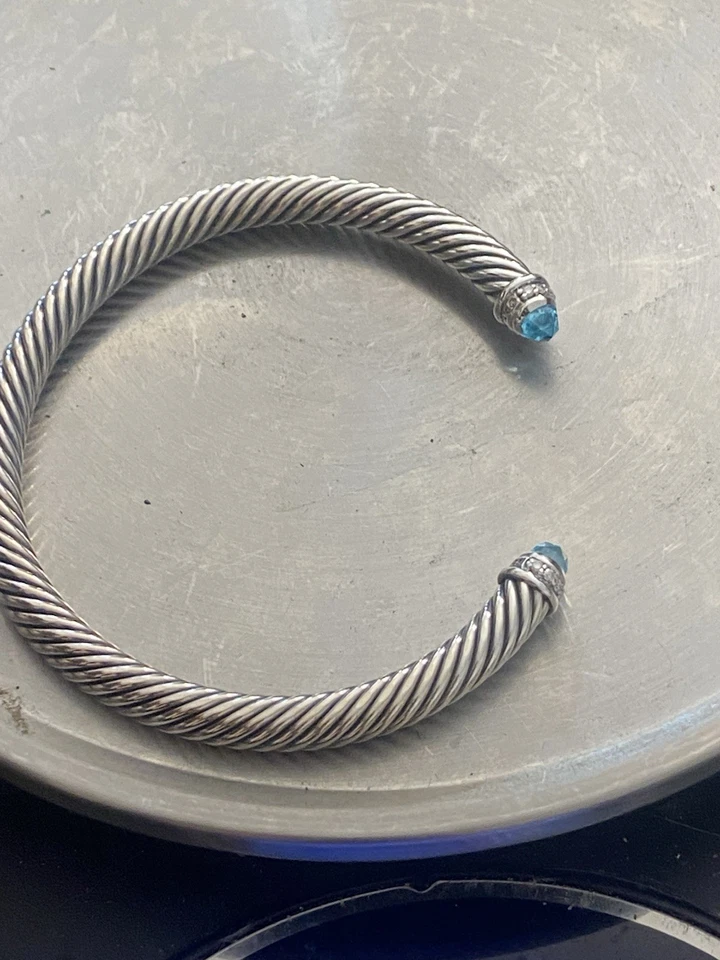 David Yurman 925 SS 电缆经典手链蓝色 TOPAZ 钻石小号 — 第 3/4 张图片