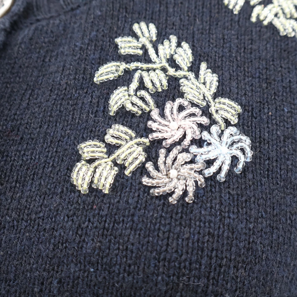 Cárdigan floral vintage con cuentas para mujer azul cabaña abuela capas centrales talla S Foto 3 de 4