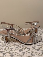 Nina Silver Strappy Rhinestone Block Heel Sandals Ankle Strap Size 7.5