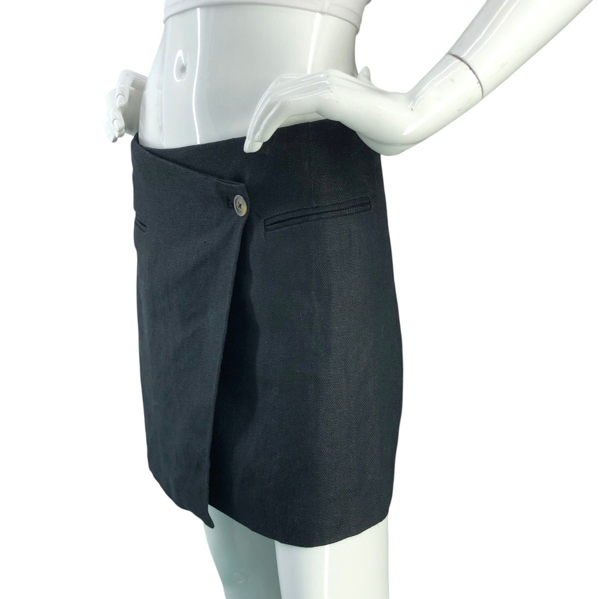 Anine Bing Skirt Womens S Black Linen Wrap Mini Button Front Welt Pockets Casual View 4