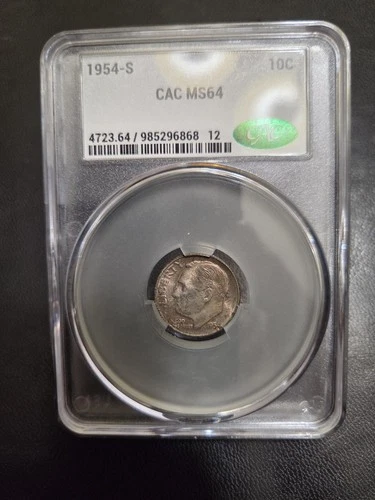 1954-S Roosevelt Silver Dime CAC GRADED MS64 Mint Set Coin Light RAINBOW Toning