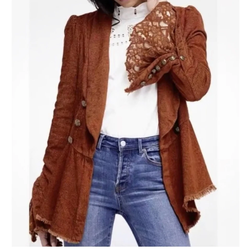 Free People Throwback Bell Sleeve Distressed Military Jacket Flared Blazer sz M - Image 2 of 4