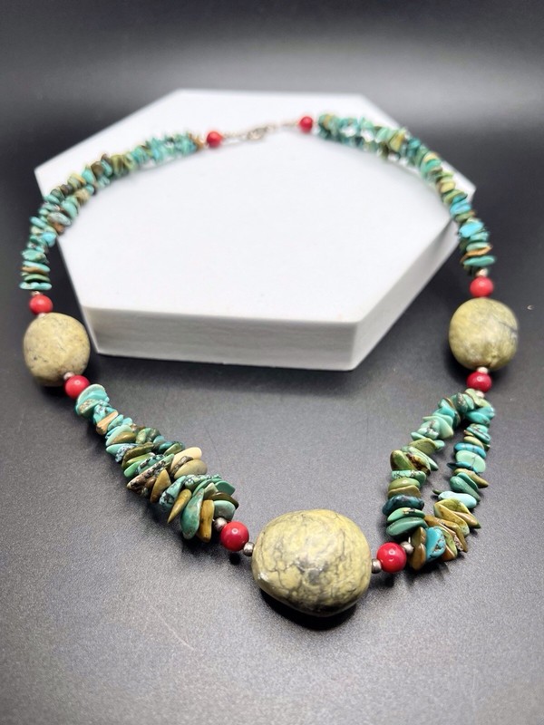 Vtg Southwestern 925 Sterling Silver Turquoise / Coral / Chunky Bead Necklace