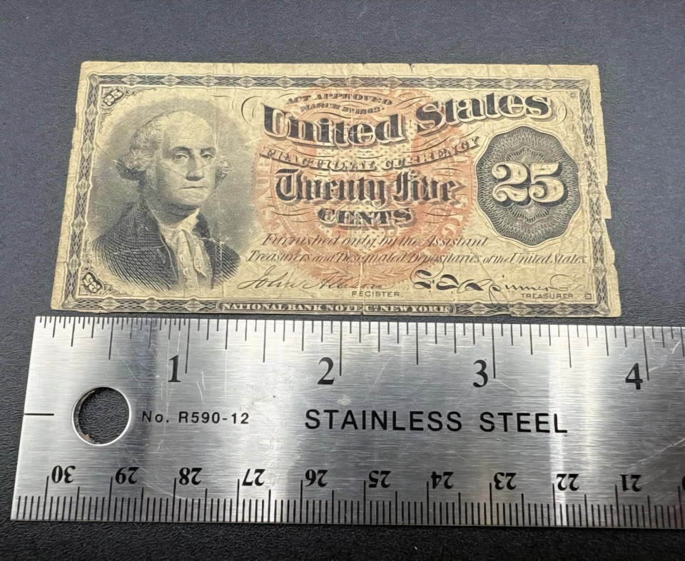 1863 Fractional Currency, 25 Cent, US Note, 4th Issue Washington, Circulated - Image 3 of 3