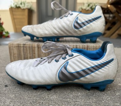 Nike Tiempo Youth 5.5 White/Blue Soccer Cleats Molded Plastic Studs Lace-Up Low