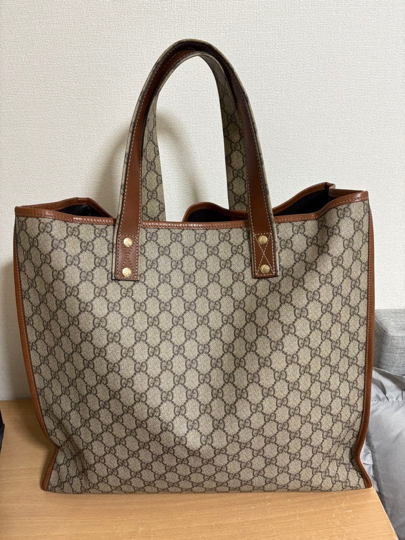 Gucci GG Supreme Web Loop Tote Bag Large Brown Canvas Leather Handle Authentic thumbnail 2