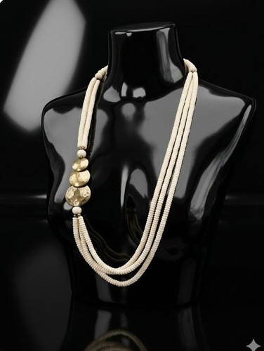 Vintage Multi-Strand Cream Heishi Shell Disc Asymmetrical Statement Necklace