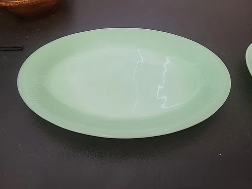 Vintage Fire King Oval Oven Glass Jadeite Green 12" x 9" Ribbed Edge Platter
