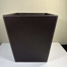 Faux Leather Wastebasket Brown With White Contrast Stitching 10” High 9” Wide
