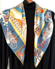 35"x35"Blue Floral Carriage Print Pure Mulberry Twill 14momme Silk Scarf 88x88cm