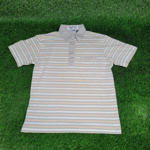 Vintage 90s Pastel Striped Pocket Polo Shirt Large 21x27 White Green Brown Trim - Picture 1 of 12