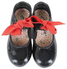 Capezio Tap Shoes Sz 8M Black Patent Vegan Leather Red Bow Girls Tap Shoe