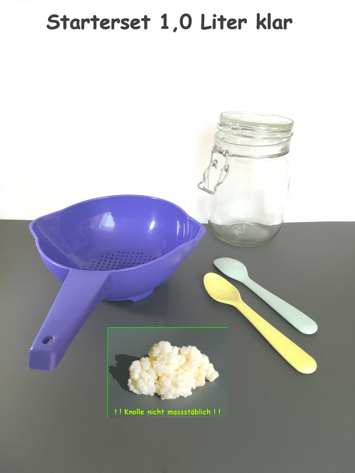 Milch Kefir Pilz Starter SET 1,0 Liter KLAR mit Tupperware® Sieb "Goldregen" A