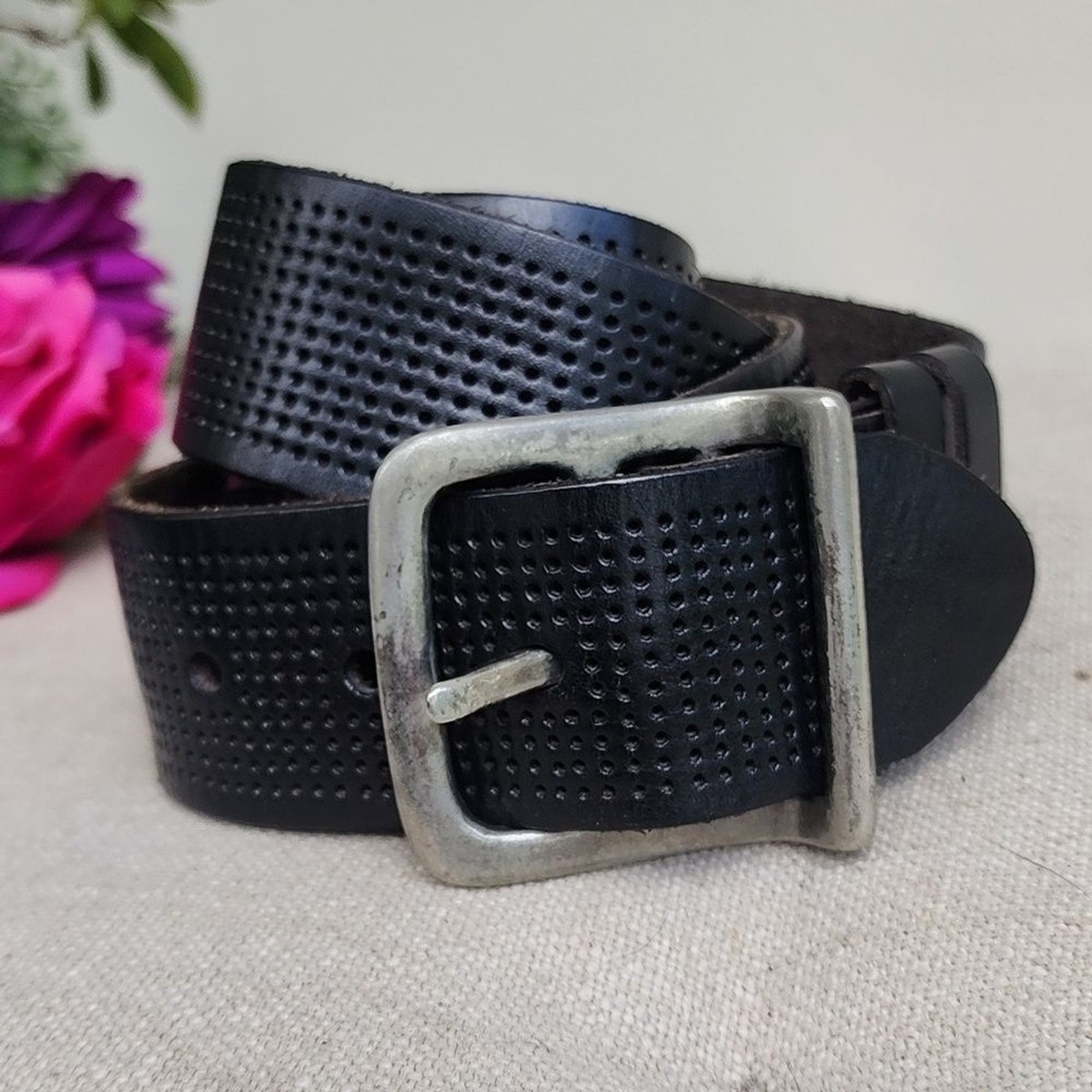Adolf Black Leather Belt with Square Buckle Anna Valerie Adolf Black Croc Embossed Leather Belt for  main image 3