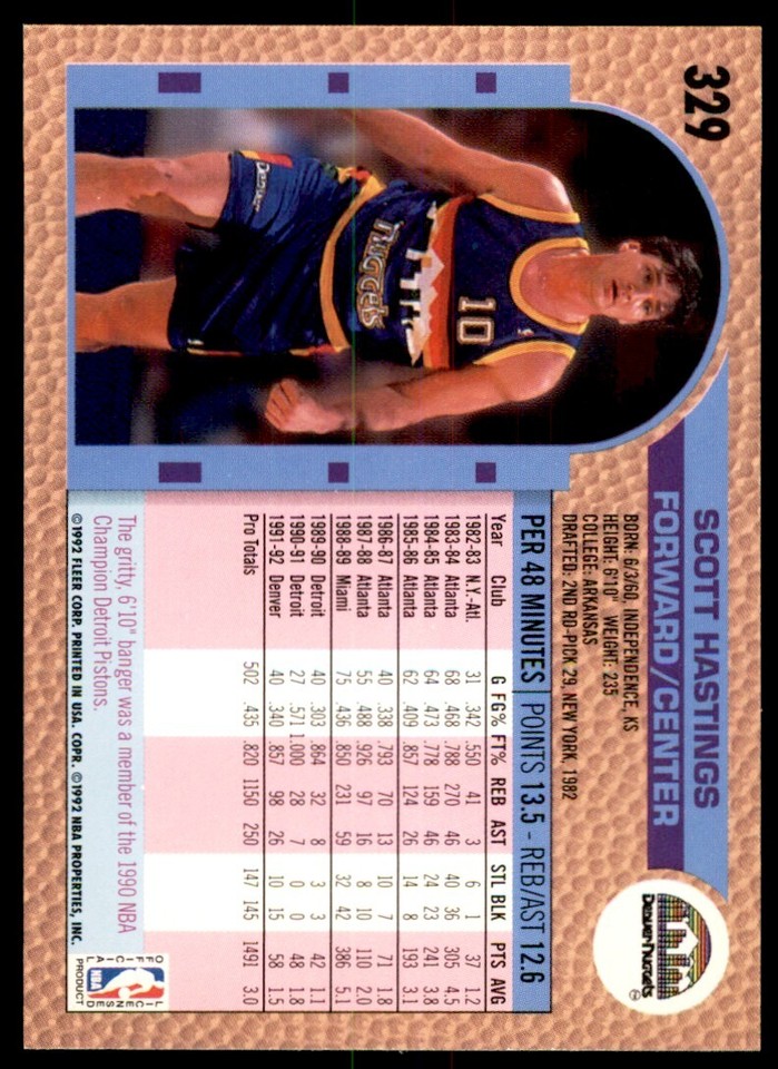 1992-93 Fleer Scott Hastings . Denver Nuggets #329 | eBay
