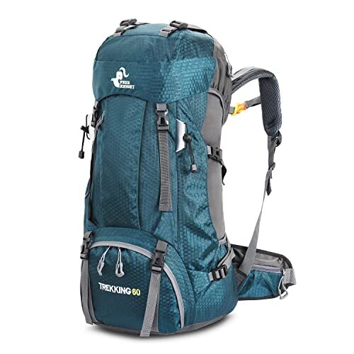 60L Lightweight Waterproof Hiking Backpack with Rain Cover in Blue Green