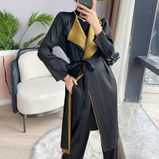 Pleats Please Issey Style Pleated Two Tone Long Coat With Shawl Collar