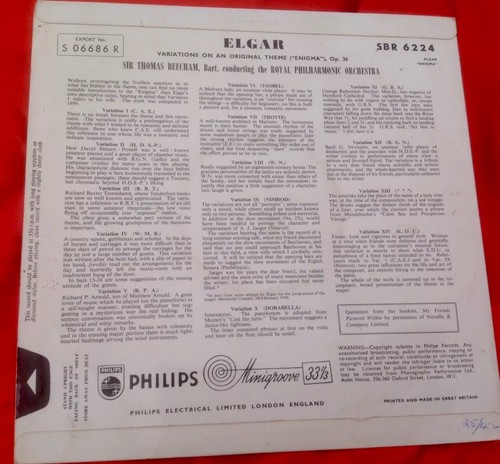 SBR 6224 Elgar Enigma Variations RPO Thomas Beecham 10" Vinyl LP Ex/vg - Bild 3 von 4