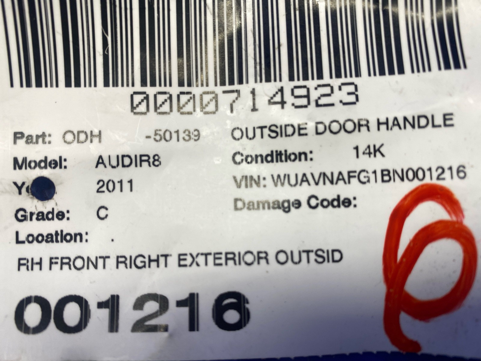 2011 AUDI R8 FRONT RIGHT EXTERIOR OUTSIDE DOOR HANDLE ASSEMBLY *SCRATCHES* OEM