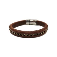 Brown Leather Bracelet rhinestone accent Magnetic Closure Womens 9 in