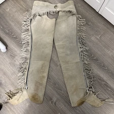 Tan Equi-Grip Show Chaps With Fringe Adjustable Waist 42” Length -32  Size L