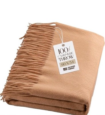 Luxurious 100% Cashmere Throw Blanket 60x54'' - Soft Warm Fringe in Camel